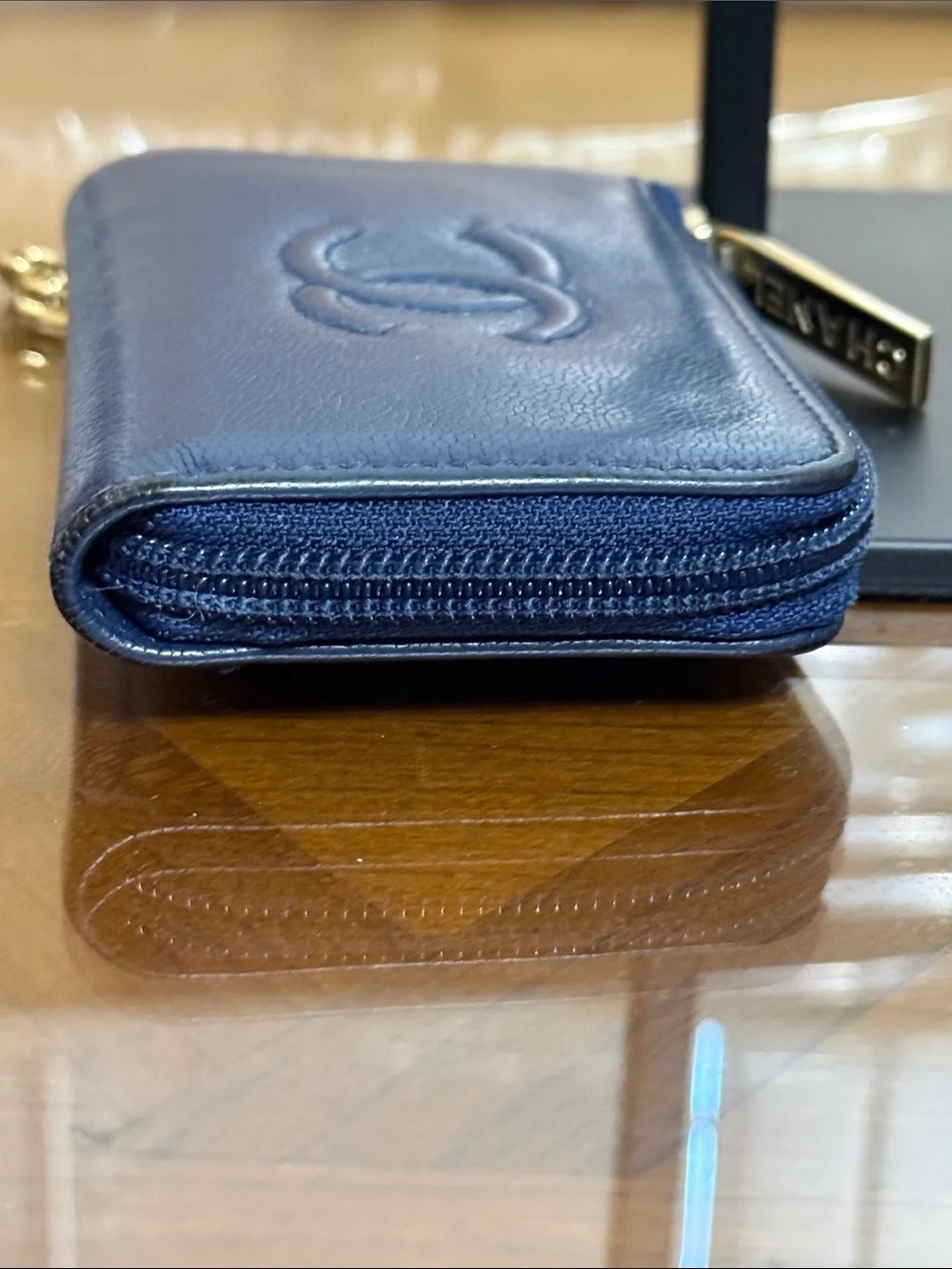 CHANEL Navy Leather CC Logo Key Pouch with Gold Chain